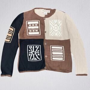 Vintage 90s earthy colorblock patchwork knit cotton cardigan, cottagecore boho